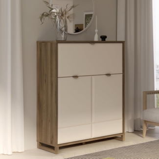 Forte MAREDA Barkommode 115, Hohe Kommode mit 2 Türen und 1 Kippfach, Kaschmir/Beige, Valencia Eiche Dekor/Sand, 114,5 cm breit, 134,9 cm hoch, 41,9 cm tief