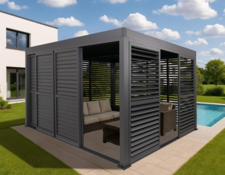 Alu Pergola HWC-L46, Pavillon Terrassenüberdachung, 7x Lamellenpaneel 7x Schiebetüren, 11cm-Gestell, 3x4m ~ anthrazit