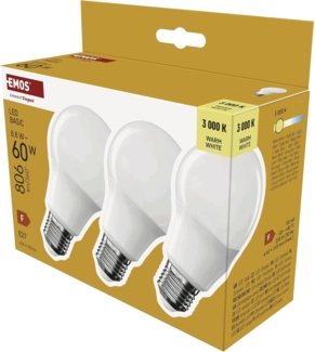 EMOS - LED-Lampe BASIC A60, 3er Pack - E27 Sockel - Warmweiß - 806 lm - 8,8W (Ersatz für 60W Glühbirne) - Lebensdauer 20 000 Stunden - Abstrahlwinkel 200° - CRI min. 80