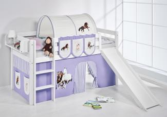 Lilokids 'Jelle' Spielbett 90 x 200 cm, Pferde Lila Beige, Kiefer massiv, mit Rutsche und Vorhang