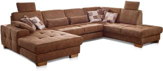 CAVADORE Wohnlandschaft Puccino mit Federkern, Sitztiefenverstellung und 2 Kopfstützen / Sofa in U-Form im Landhausstil / 340 x 86 x 224 cm / Mikrofaser hellbraun