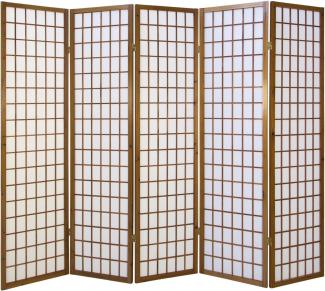 Homestyle4u Paravent 5-tlg., Holz tabak, Reispapier weiß, 220x175 cm