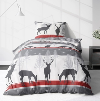 LINKHOFF Bettwäsche Winter Weihnachtsbettwäsche Cosy Christmas 135x200cm / 155x220 - 2tl, Biber Bettwäsche in Rot Grau 100% Baumwolle Weihnachts Hirsch