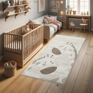 Teppich Kinderzimmer Läufer - 80x150cm - Pastell Beige Creme - Kurzflor Spielteppich mit niedlichen Giraffen Motiv