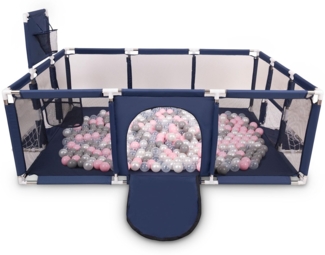 Selonis Laufstall Baby Großer Spielplatz Mit 400 Bälle Laufgitter Für Kinder, Dunkelblau:Perle/Grau/Transparent/Puderrosa