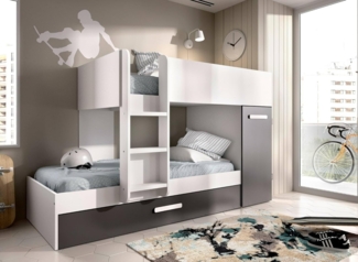 Dmora - Schlafzimmer Eiger, Komplettes Schlafzimmer, Etagenbettkomposition mit Zwei Einzelbetten, 244x112h150 cm, Weiß und Anthrazit