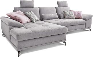 Cavadore L-Form-Sofa Castiel mit Federkern / Großes Schlafsofa mit Bettfunktion, Sitztiefenverstellung, Kopfstützen und XL-Longchair / 312 x 114 x 173 / Webstoff, Hellgrau