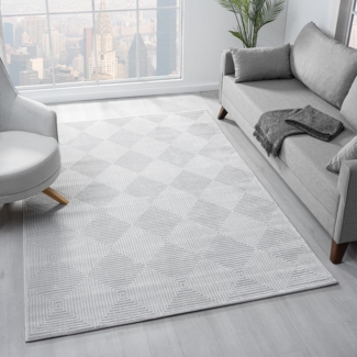 Vimoda Designteppich Wohnzimmer Boho Design 3D Raute Hoch-Tief-Effekt, Rechteckig, Höhe: 11 mm, Teppich 3D kariert für Esszimmer, Flur & Schlafzimmer