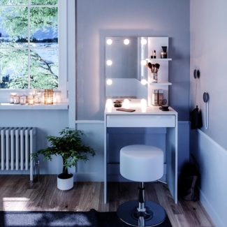 Vicco Schminktisch Weiß 60 cm mit LED Beleuchtung und Hocker, Isabelle