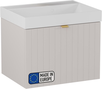 BADEDU ESLA Waschbecken mit Unterschrank 59 cm breit, Grau, Waschbecken Gussmarmor Weiß