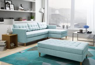 FURNIX Ecksofa NORGEN II Eckcouch mit Bettfunktion - Edle Wohnzimmersofa mit Hocker, Federkern, Holzfüßen - L-Form Sofa Links/rechts, B 220 x T 154 x H 86 cm, Bettfunktion SW 72 (hell blau)