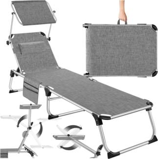 tectake® Sonnenliege mit Dach, Balkonliege aus Aluminium, klappbare Gartenliege, wetterfest, Liegestuhl für Garten, Camping & Strand, verstellbarer Rückenlehne, Kopfkissen, Seitentasche - grau meliert