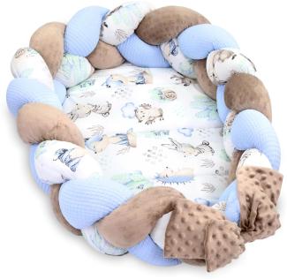 Babynest Neugeborene Nestchen Baby – Minky Kuschelnest mit Zopf Kissen zerlegbares Set zweiseitig Babynestchen Babybett 75x45 cm, Igel
