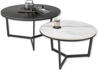 Stella Trading Beistelltisch 2er Set in Marmor Optik rund, Schwarz / Weiß - Modernes Couchtisch Set mit schwarzem Metallgestell - 90 x 45 x 90 cm (B/H/T)