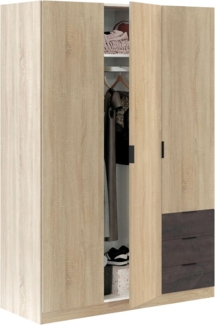 Habitdesign LC0323F Kleiderschrank mit DREI Türen und DREI Schubladen, Maße: 121 cm (L) x 180 cm (H) x 52 cm (T), kanadische Eiche, Oxid