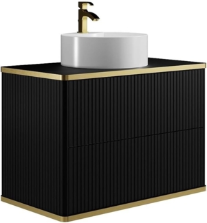 Vente-unique - Waschbeckenunterschrank hängend mit rundem Aufsatzwaschbecken - Streifenoptik - Goldfarbene Umrandung - Schwarz - 80 cm - KELIZA