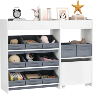 AIYAPLAY Spielzeugtruhe Spielzeugregal mit 11 Stoffboxen, oberen Fächern, 3 Stickern (Kinderregal, 1 St, Kinder Bücherregal), für Kinderzimmer, Kindergarten, 105 x 30 x 80 cm, Weiß