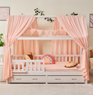 Alavya Home® Hausbett BUCHE CLOUD I KOMPLETT SET mit Musselin DEKO (Kinderbett 90x200 cm mit Schubladen I KOMPLETT Set - inkl. 100% Bio-Musselin Baumwolle Deko und Matratze I GOTS zertifiziert, Massivholzbett mit Rausfallschutz und Lattenrost I Jugendb...