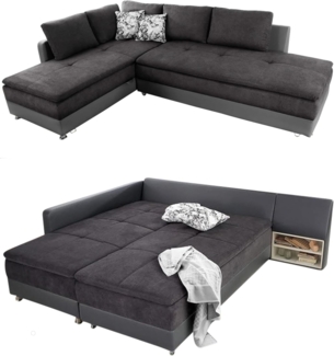 luma-home Ecksofa 15106, Dauerschläfer-Doppelbett 306x223 cm, Schwenkteil rechts, Bettkasten, Regal, Boxspring, Federkern, Wellenunterfederung, Topper, Mikrofaser Anthrazit/Kunstleder Grau