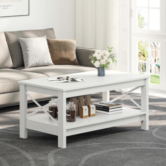 YITAHOME Couchtisch, Wohnzimmertisch, 2-stöckiger Dicker Holz Rechteckiger Couchtisch, X-Form Metal Side Support, Stabil 100 x 55,3 x 45cM (Weiß)