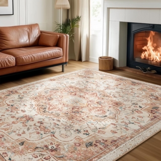 SONGMICS HOME Vintage Teppich, 160x230 cm, Wohnzimmerteppich, Schlafzimmerteppich, Waschbarerteppich, Rutschfester Teppich, für Küche, Flur, Esszimmer, cappuccinobeige TAR033L01