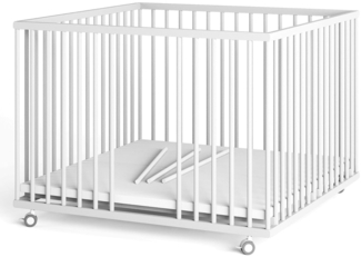 Sämann Laufstall Baby mit Matratze Cloud Air und Schlupfsprossen | TÜV geprüft | stufenlos höhenverstellbar | Laufgitter Premium | Babybett aus Holz | Krabbelgitter (weiß, 100x100 cm)