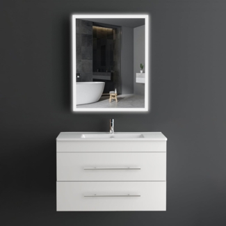 Alpenberger Badmöbel-Set Bad Möbel - Waschbecken mit Unterschrank und Spiegel mit Beleuchtung, (Waschtisch mit Unterschrank Weiß, Badezimmer Möbel 80 cm Breit), Badspiegel mit LED Licht