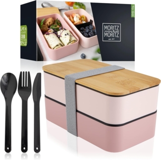 Moritz & Moritz Lunchbox Moritz & Moritz Bento Box pink, Kunststoff, Bambus, Elasthan, (Set, 10-tlg), Bento Lunchbox für Erwachsene und Kinder - inkl. Besteck-Set