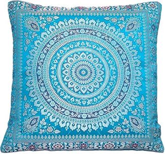 Handgewebter indischer Banarasi Seide Deko-Kissenbezug mit Extravaganten Mandala Design in Türkis-blau - 40 cm x 40 cm