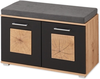 FUN Schuhbank mit Sitzfläche in Schwarz, Artisan Eiche Optik mit Hirnholz-Applikationen - Komfortable Sitzbank mit Stauraum für Ihren Flur - 84 x 53 x 38 cm (B/H/T)