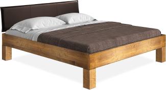 Möbel-Eins CURBY 4-Fuß-Bett mit Polster-Kopfteil, Material Massivholz, rustikale Altholzoptik, Fichte vintage 90 x 200 cm Standardhöhe Kunstleder Braun ohne Steppung