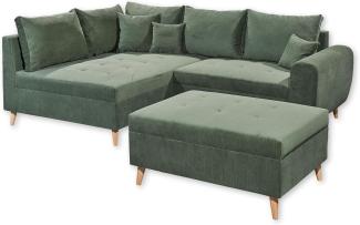 CALANDA Ecksofa mit Hocker, Stoffbezug Moosgrün - Moderne Eckcouch mit Kissen & Massivholz Füßen - 249 x 94 x 175 cm (B/H/T)