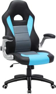 Songmics Gamingstuhl, Racing Chair, Schreibtischstuhl mit hoher Rückenlehne, Bürostuhl, höhenverstellbar, hochklappbare Armlehnen, Wippfunktion, für Gamer, schwarz-grau-blau, OBG28BU