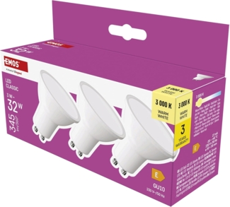 EMOS LED Lampe Spot 3er Pack, MR16 mit GU10 Sockel, 3W Ersatz für 32W Halogenlampe, Helligkeit 345 lm, Warmweiß 3000 K, 30000 h Lebensdauer, CRI min. 80, 100° Abstrahlwinkel, weiße Farbe