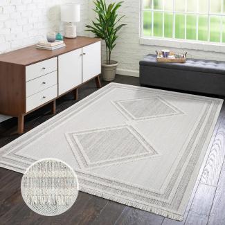 carpet city Teppich Kurzflor Wohnzimmer - Grau, Grün - 120x170 cm - Teppiche Fransen Boho-Style - Raute-Optik - Schlafzimmer, Esszimmer