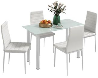 HOMCOM Essgruppe Esstisch mit 4 Stühlen, Küchentisch mit Hartglasplatte, (Esszimmermöbel, 5-tlg, Esstisch Set), für Küche, Esszimmer, Stahl, Weiß