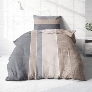 Träumschön Bettwäsche Biber Bettwäsche 135x200 oder 155x220 Baumwolle - Beige Grau Muster, Biber, 2 teilig, mit Reißverschluss, 100% Baumwolle, kuschelig warm im Winter