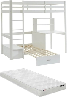 Vente-unique - Hochbett mit Schreibtisch, Schlafsofa & Stauraum + Matratze - 90 x 200 cm - massives Kiefernholz - Weiß - GOLIATH III