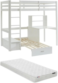 Vente-unique - Hochbett mit Schreibtisch, Schlafsofa & Stauraum + Matratze - 90 x 200 cm - massives Kiefernholz - Weiß - GOLIATH III