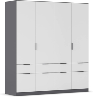 Rauch Möbel Dundee, Kleiderschrank, Schrank, Garderobe, Organizer, 4-türig, 8 Schubladen, Farbe Weiß/Grau metallic, Schwarz, Kurze Griffleiste Grau metallic, 181 x 197 x 54 cm