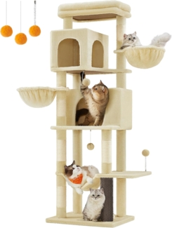 Feandrea XL Kratzbaum mit 2 Höhlen, 2 Liegemulden, 5 Kratzsäulen & Katzenbürste, Spanplatte / Plüsch sandbeige, 175 cm