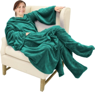 Catalonia Classy Tragbare Kuscheldecke mit Ärmeln und Fußtasche, warmes Geschenk für Sofa-Liebhaber, weiche Fleece-Decken für Familie, gemütliche Decken für Winter, 190x135 cm Grün