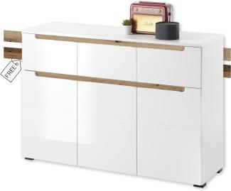 Stella Trading Turin Kommode in Weiß mit Zwei wechselbaren Blenden - Individuell anpassbare Kommode für Wohnzimmer, Schlafzimmer und Eingangsbereich - 120 x 83 x 40 cm (B/H/T)