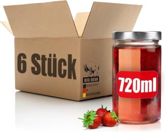 BigDean 6 Stück 720ml Einmachgläser mit silbernem Schraubdeckel – luftdichte Marmeladengläser dank Dichtungsring – Einkochgläser – Vorratsdosen Twist Off 82mm Deckel – Made in Germany