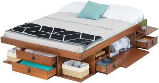 Funktionsbett Bali 140x200 Karamell - Schrankbett mit viel Stauraum und Schubladen, optimal für kleine Schlafzimmer - Bett mit Aufbewahrung aus Kiefer Massivholz – Schubladenbett inkl. Lattenrost