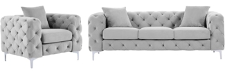 Vente-unique - Sofa 3-Sitzer & Sessel - Hellgrau - Samt - EDWINA