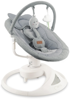 MoMi Babywippe PEARL für Babys bis 9 kg, 360° drehbarer Sitz, LED-Panel, Bluetooth, Fernbedienung, Batterie- oder Netzbetrieb, Netzteil mit USB-Kabel, 5-Punkt-Sicherheitsgurt, Bügel und Spielzeug