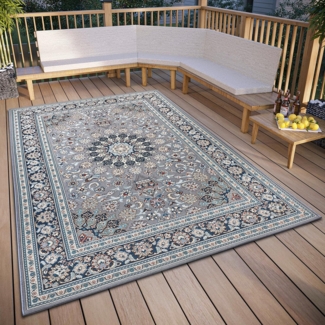 Hanse Home Kadi In- & Outdoor Teppich Orientalisch – Orient Flachgewebe, Orientalisches Design Klassisch, ÖKO-TEX Wetterfest & UV-beständig für Balkon, Terrasse, Garten – Grau Blau, 120x180 cm