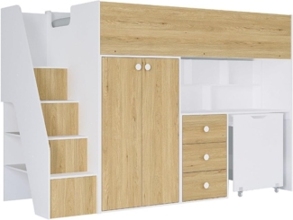 Vente-unique - Hochbett mit Kleiderschrank & Schreibtisch - 90 x 190 cm - Weiß & Holzfarben - LANILATO