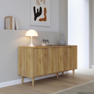Forte Sherbrooke, einfache Montage Dank EasyKlix Kommode, Holzdekor: Mauvella Eiche, hohe Holzfüße, Sideboard mit 3 Türen, Mid Century Stil, 140 cm breit x 74 cm hoch x 43 cm tief